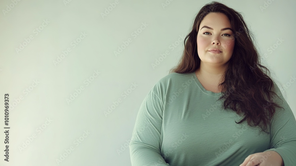 Portrait of a confident fat woman, smiling on a light background, with plenty of space for text Portrait of a confident fat woman, smiling on a light background, with plenty of space for text