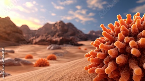 Extremophilic bacteria in desert environments, survival strategies, 3D rendering photo