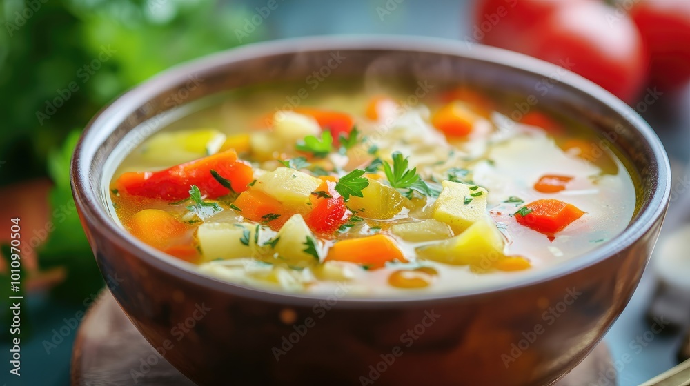 A hearty bowl of vegetable soup, showcasing vibrant colors and a wholesome meal option. A hearty bowl of vegetable soup, showcasing vibrant colors and a wholesome meal option.