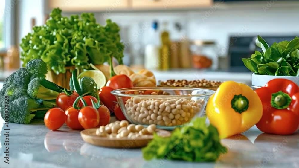 A vibrant display of fresh vegetables and legumes on a kitchen countertop. A vibrant display of fresh vegetables and legumes on a kitchen countertop.