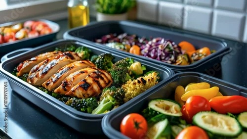 Meal prep containers filled with grilled chicken, vegetables, and salad. photo