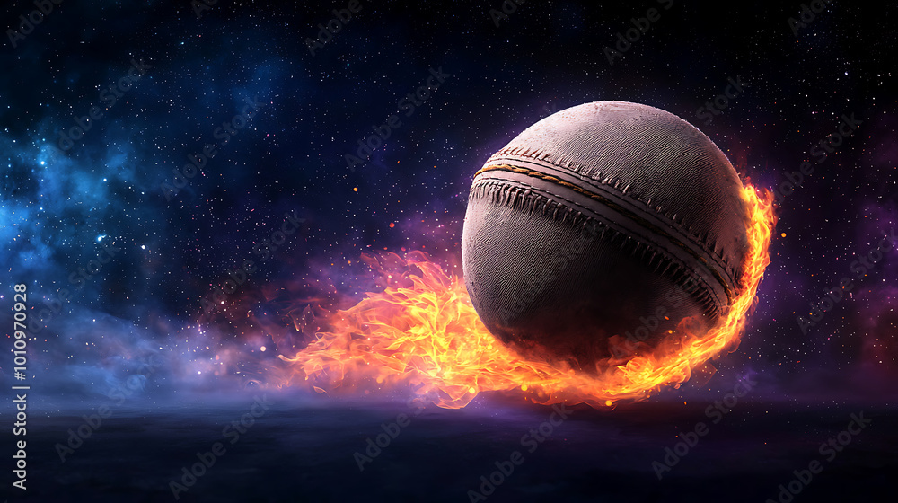 Fiery cricket ball soaring through a cosmic backdrop Fiery cricket ball soaring through a cosmic backdrop
