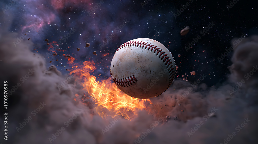 Baseball soaring through a cosmic explosion Baseball soaring through a cosmic explosion