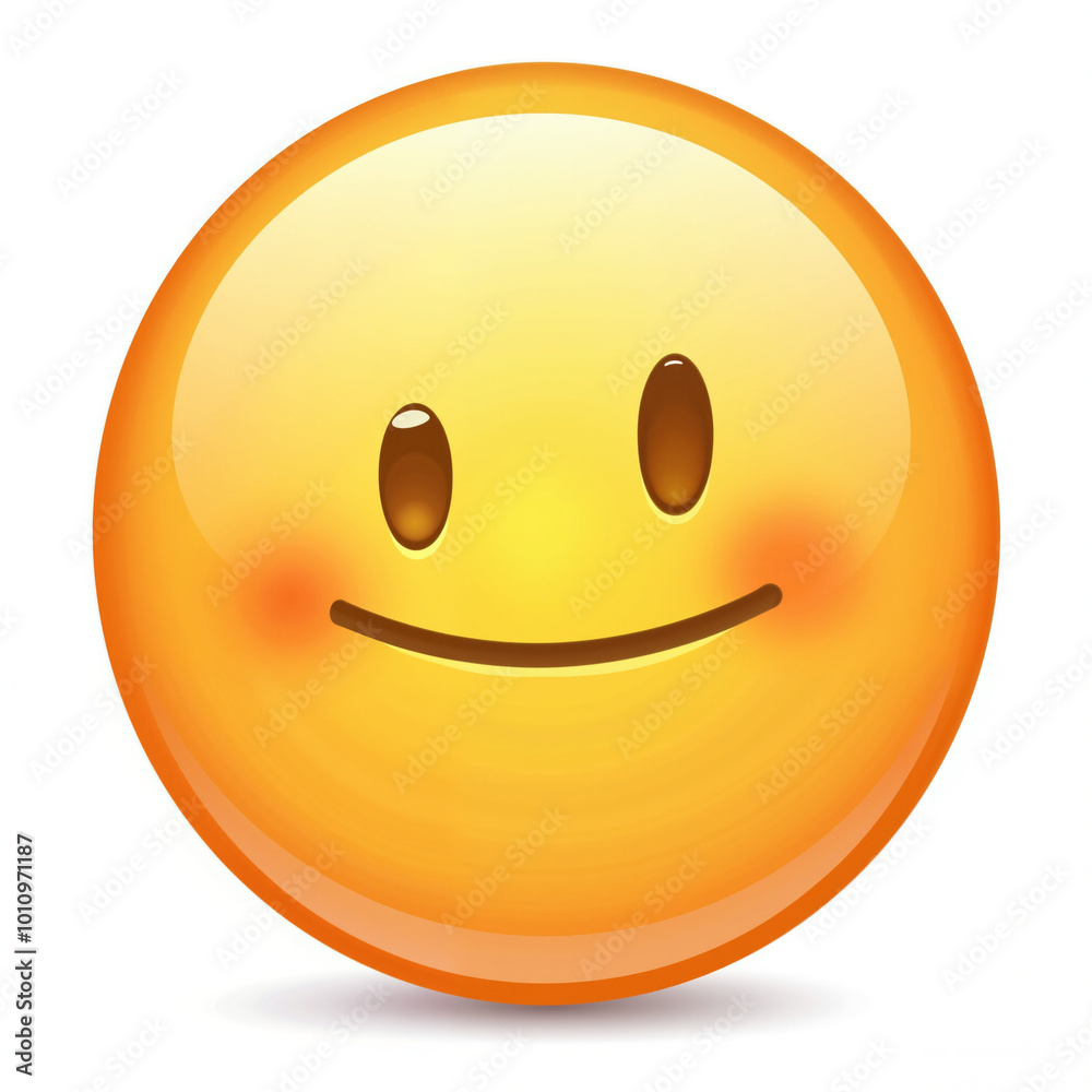 Fototapeta premium A 3D rendered emoji with a slight, subtle smile and blushing cheeks, conveying a neutral and relaxed expression. The rounded, yellow face is set against a white background, with a slight shadow effect