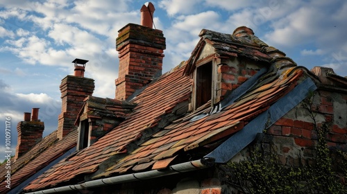 Renewing the Roof: A Team of Employees Working on House Structure with Scaffolding