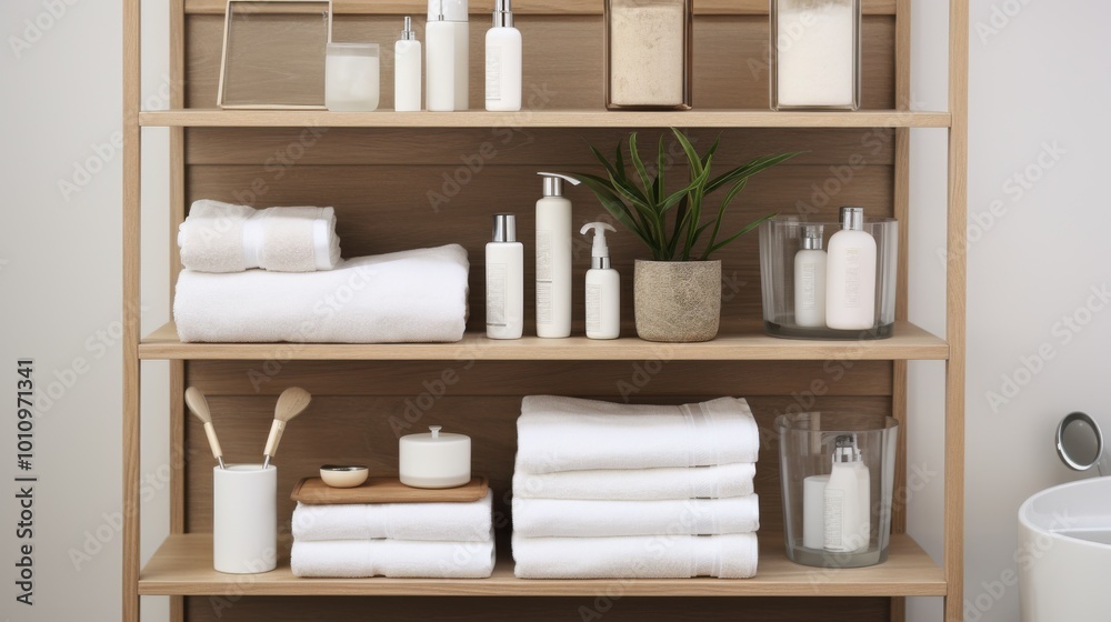 A neatly stocked wooden shelf with linens and natural beauty products exudes calm and simplicity. A neatly stocked wooden shelf with linens and natural beauty products exudes calm and simplicity.