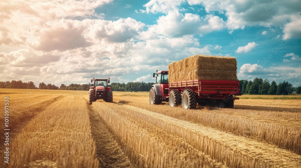 Fototapeta premium A tractor pulling a hay-filled trailer across a farm field, emphasizing agriculture and rural work.