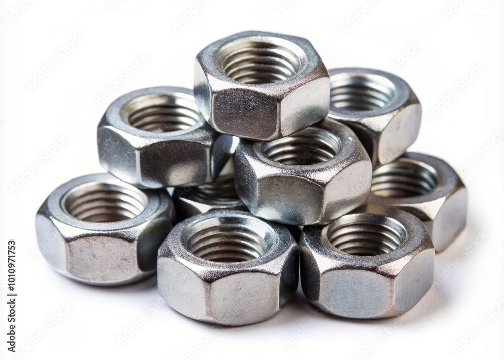 Metal nuts isolated on a white background, perfect for industrial, mechanical, and construction applications. Ideal for Metal nuts isolated on a white background, perfect for industrial, mechanical, and construction applications. Ideal for