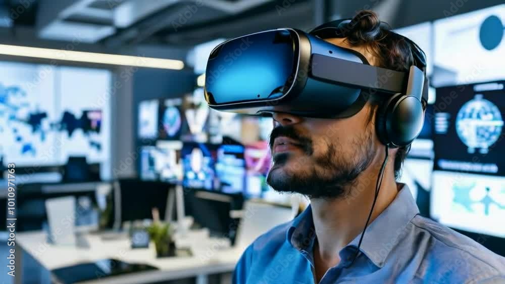 A man experiences virtual reality in a modern office setting. A man experiences virtual reality in a modern office setting.