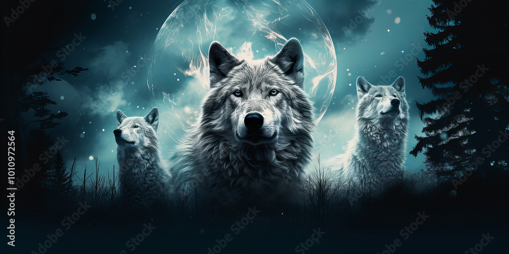 Tripple exposuer of wolfs on the forest and monutains during night with full moon and stars. Tripple exposuer of wolfs on the forest and monutains during night with full moon and stars.