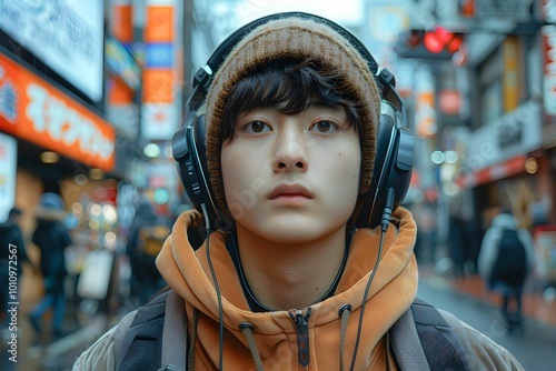 A young man with headphones, clad in trendy streetwear, stands amidst the vibrant energy of street. Young man wearing headphones listening to music photo