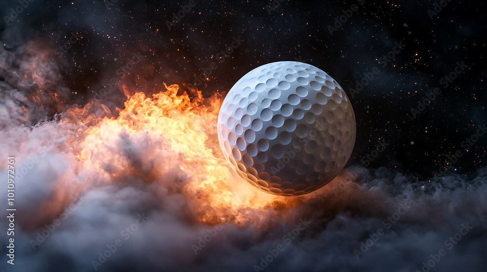Golf ball igniting in a fiery cosmic explosion Golf ball igniting in a fiery cosmic explosion