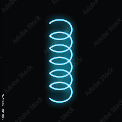 Blue neon sign representing a spring, glowing on a black background