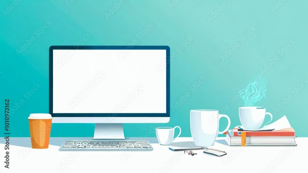 A minimalist workspace featuring a computer, keyboard, cups, and books.