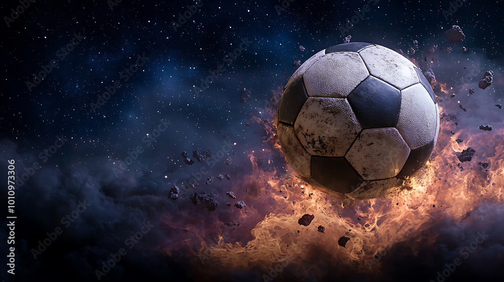 Naklejka premium Explosive soccer ball soaring through a cosmic background