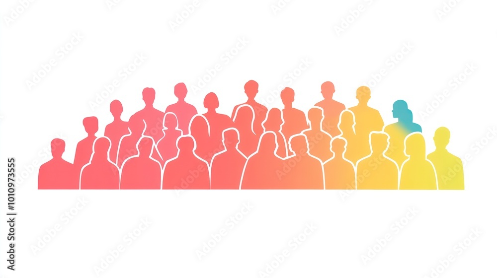 A group of people are sitting in a row, with one person standing out A group of people are sitting in a row, with one person standing out