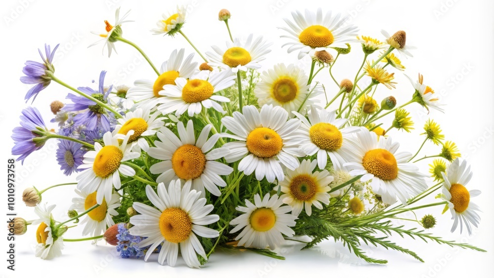 Fototapeta premium A charming small bouquet featuring vibrant wildflowers, delicate daisies, and fragrant chamomile, elegantly isolated