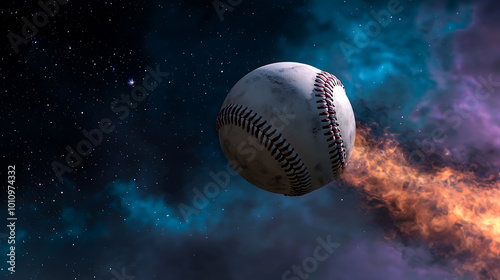 Baseball soaring through a vibrant cosmic landscape