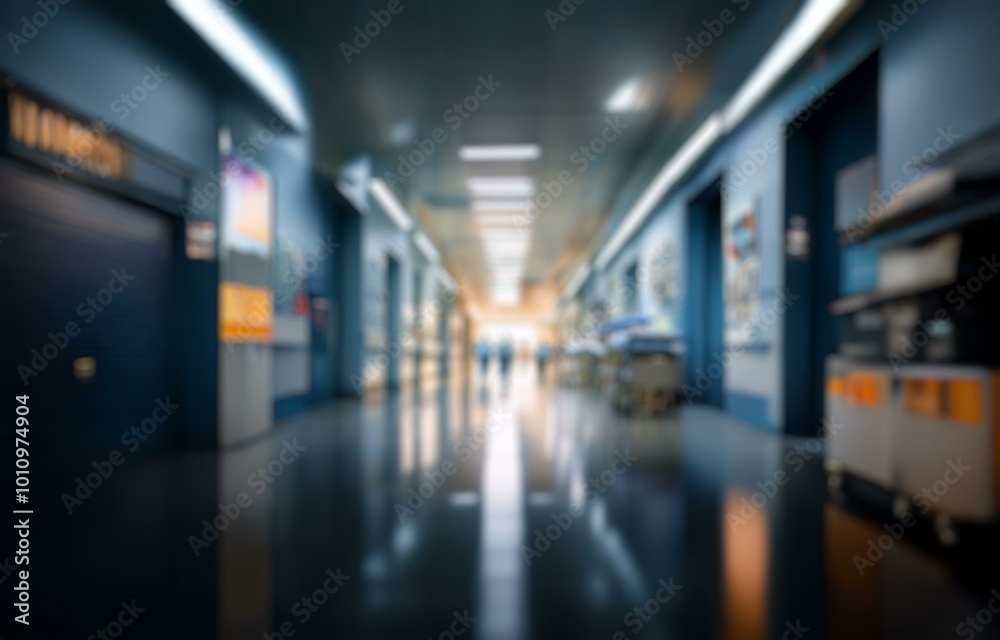 Blurry hospital corridor with bokeh lights in the background. Blurry hospital corridor with bokeh lights in the background.