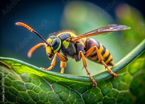 Polistes dominula wasp gracefully ascends a vibrant green leaf, showcasing its intricate details and captivating nature