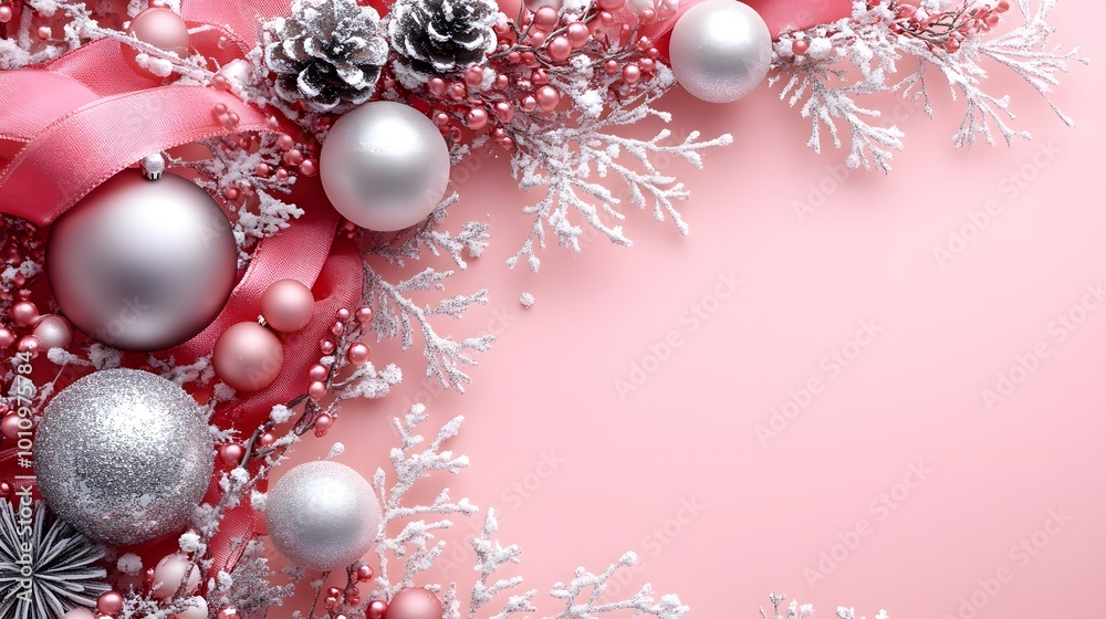 Chic Minimalistic Holiday Banner with Snowflakes and Silver Ornaments Chic Minimalistic Holiday Banner with Snowflakes and Silver Ornaments