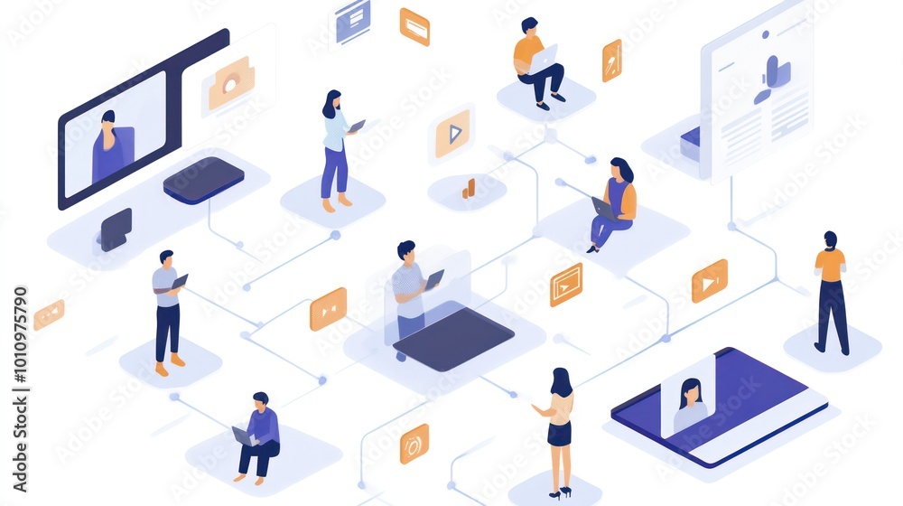 A group of people are connected to each other through a network of devices A group of people are connected to each other through a network of devices