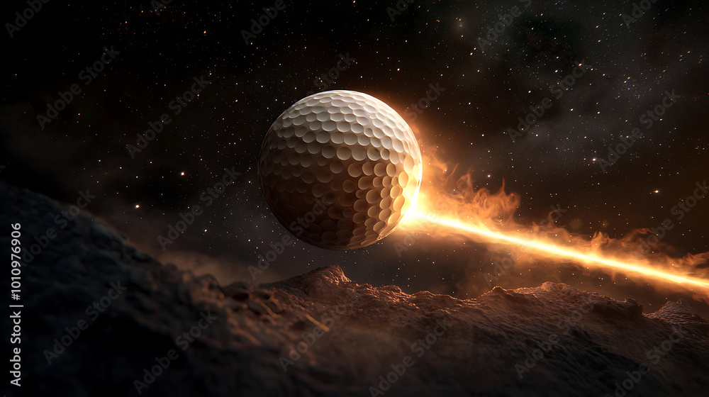 Golf ball soaring through space with fiery trail Golf ball soaring through space with fiery trail