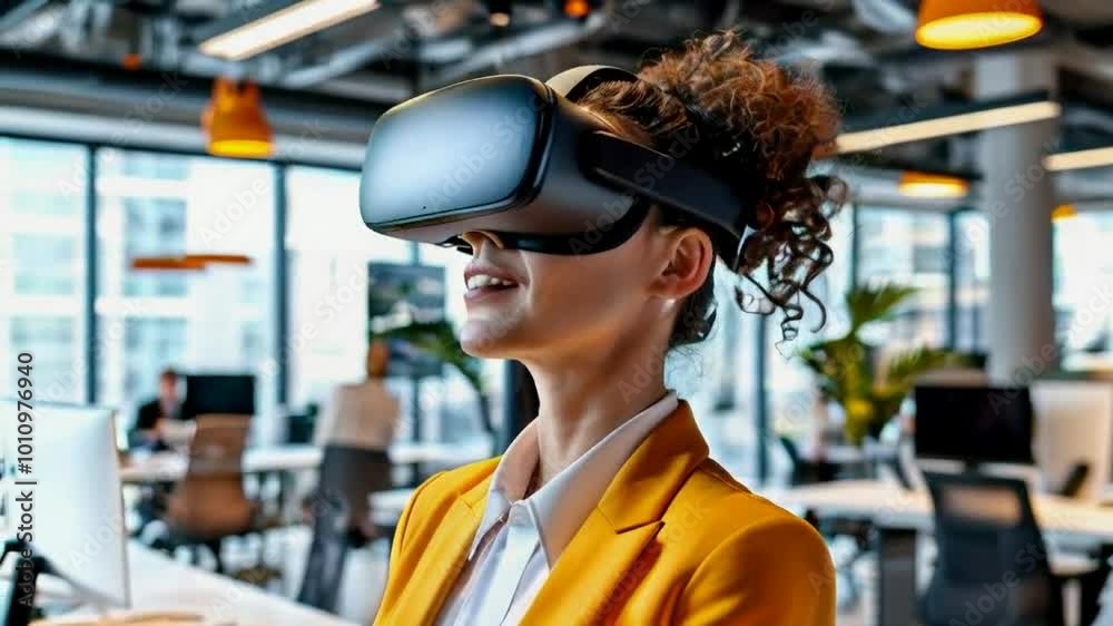 A woman in a yellow blazer experiences virtual reality in a modern office setting.