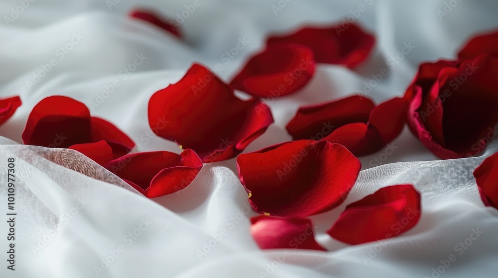Εκτύπωση καμβά Close-up of fresh red rose petals on soft white cloth, capturing a luxurious and romantic essence