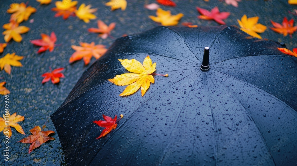 Φωτογραφία Close-up of an umbrella with yellow and red leaves on a rainy day, symbolizing the transition to autumn