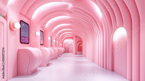 Dreamy Pink Hallway with Smooth Curves and Lights
