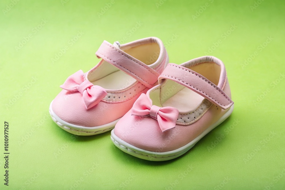 Obraz premium Adorable pink toddler shoes set against a light green backdrop, ideal for children's fashion and imaginative styling