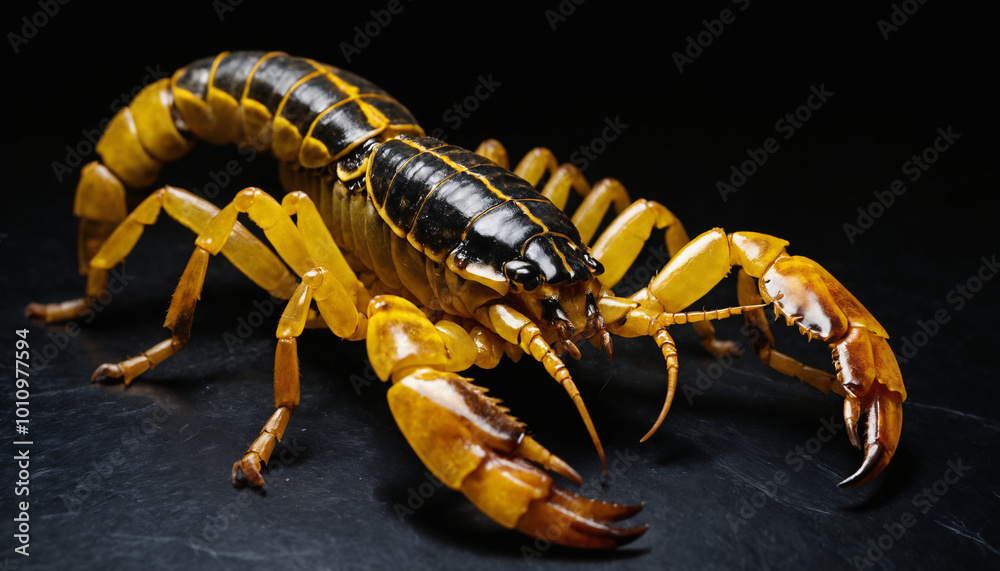 Detailed shot of a scorpion, showcasing its pincers and tail illuminated against a black surface. Detailed shot of a scorpion, showcasing its pincers and tail illuminated against a black surface.