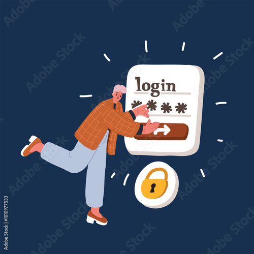 Cartoon vector illustration of a woman attempting to log in, representing password and identification challenges over dark background