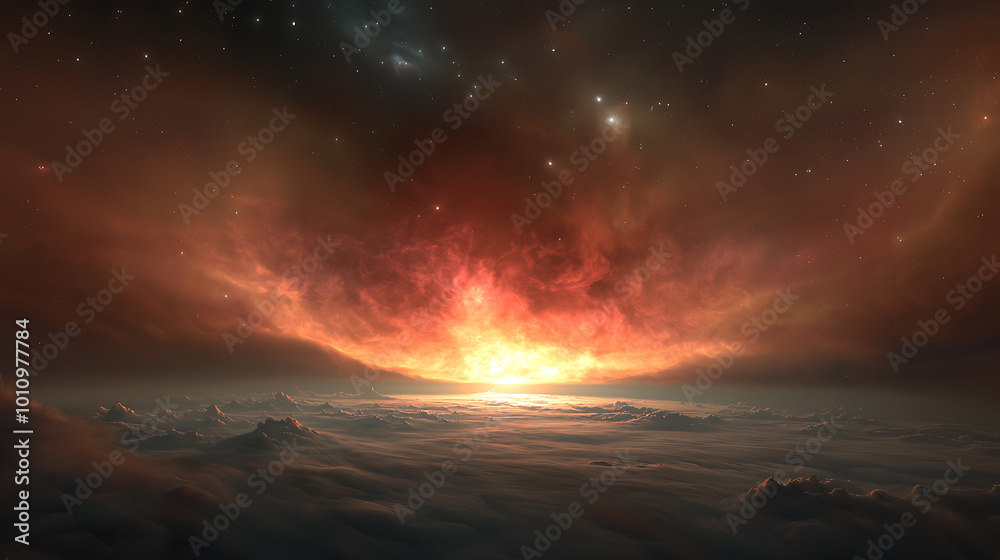 Cosmic sunrise over an ethereal cloudscape Cosmic sunrise over an ethereal cloudscape