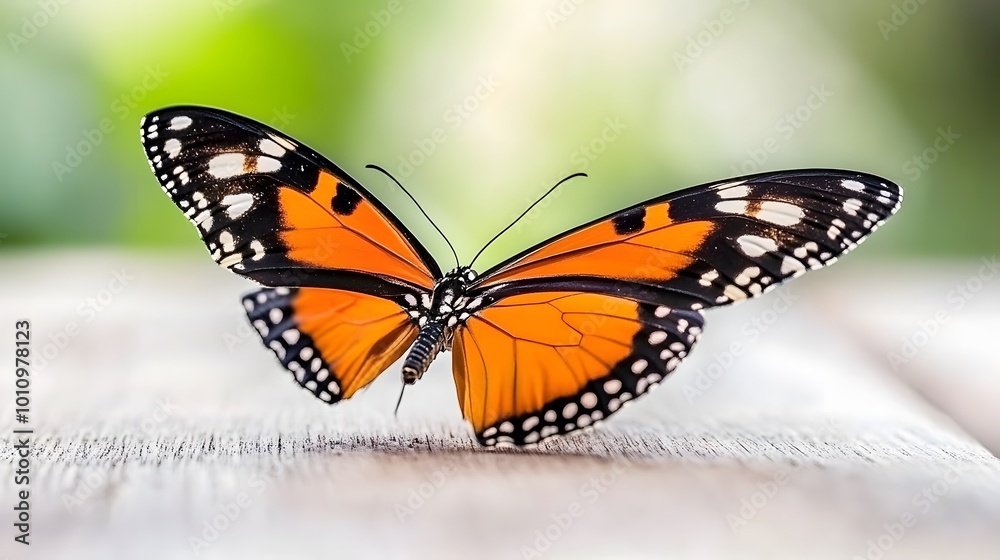 Obraz premium A vivid butterfly with orange wings and black edges rests on a surface, displaying its beautiful patterns against a soft green background.