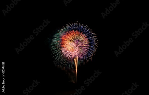 A single firework explodes with streaks of red, orange, green, and blue in a dark night sky.