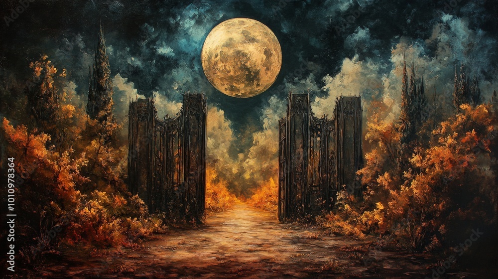Fototapeta premium Glowing Heavenly Gates Under Moonlight, Surreal Dreamlike Fantasy Scene