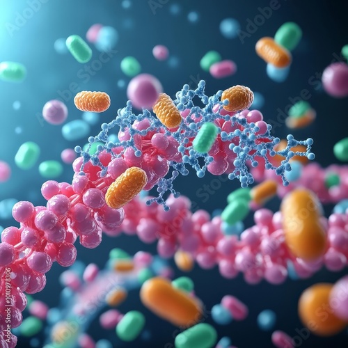 Prokaryotic RNA polymerase transcribing genes, molecular process, 3D rendering photo