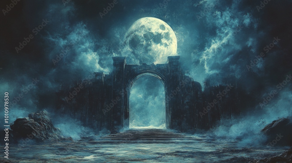 Glowing Heavenly Gates Under Moonlight, Surreal Dreamlike Fantasy Scene Glowing Heavenly Gates Under Moonlight, Surreal Dreamlike Fantasy Scene