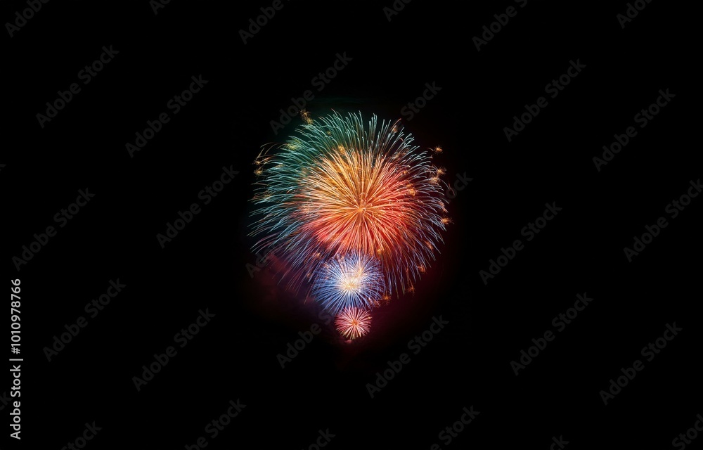 Fototapeta premium Multicolored fireworks explode against a dark sky.