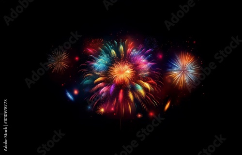 Colorful fireworks explode against a black night sky.