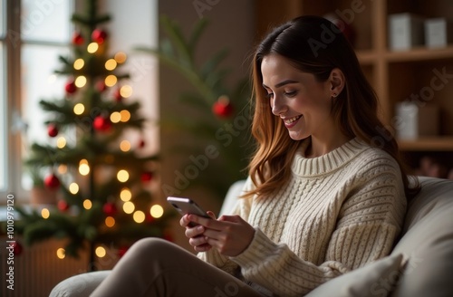 woman shopping online on phone on red background, christmas tree nearby
