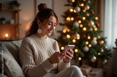 A woman orders gifts for the new year online, against the background of a new year's interior, a woman in a white sweater, 
