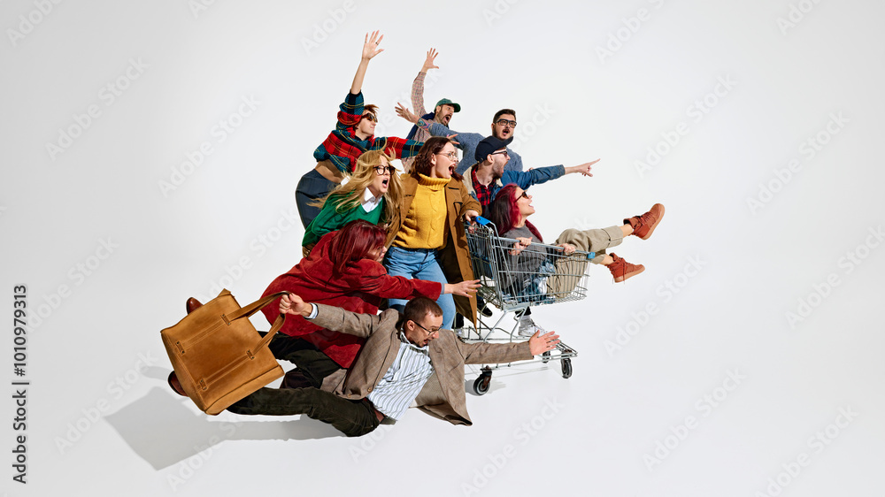 Αυτοκόλλητο Group of people men and women rushing forward with outstretched hands, falling down, trying to get the best discounts