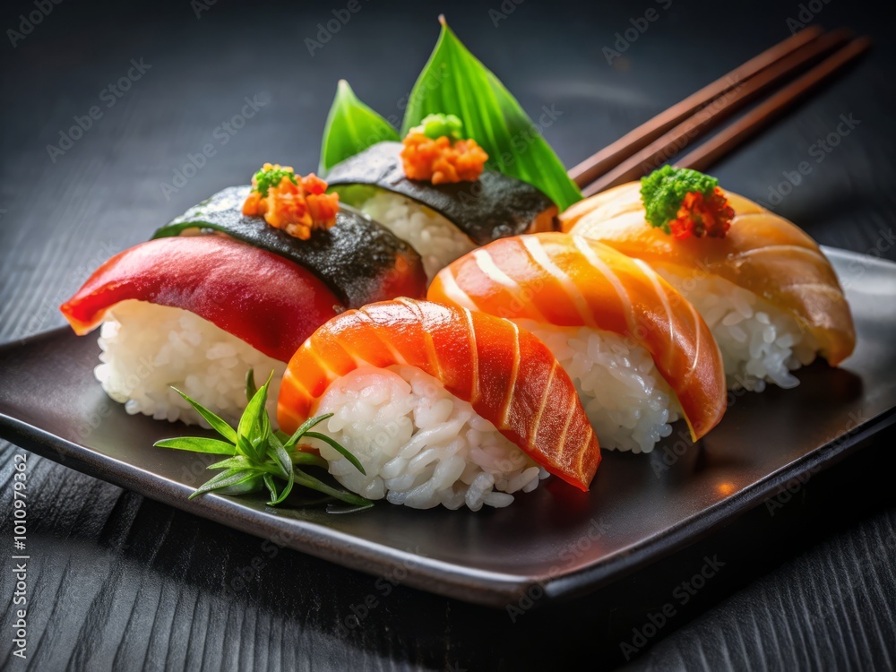 Savor exquisite sushi nigiri, elegantly presented on a sleek black plate. A fresh seafood delight for food lovers Savor exquisite sushi nigiri, elegantly presented on a sleek black plate. A fresh seafood delight for food lovers