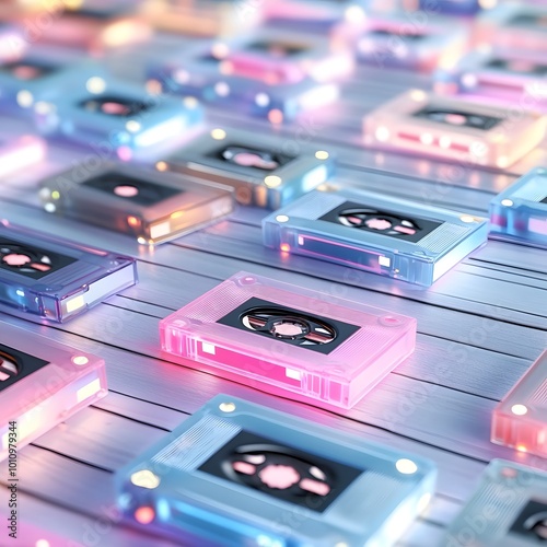 A vibrant array of colorful cassette tapes glowing on a surface, evoking nostalgia and retro vibes. photo