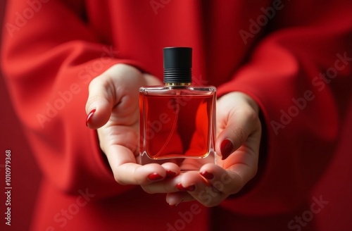 close-up of female hands holding a bottle of perfume, red background