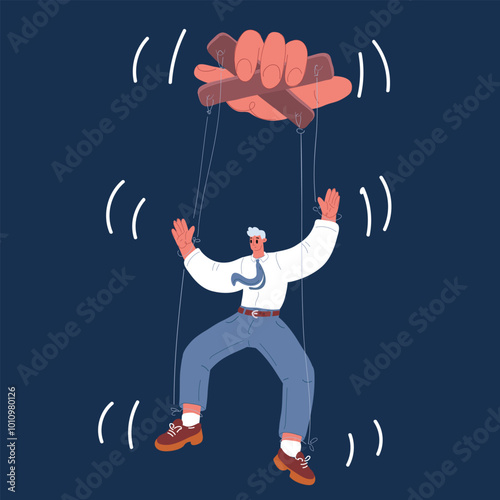 Cartoon vector illustration of a businessman, office worker, or politician depicted as a puppet being controlled by others, symbolizing external influence and lack of autonomy over dark background