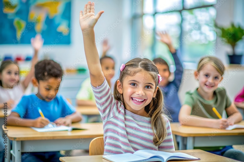 A girl eagerly raises her hand in class, excited to answer questions and engage with her classmates in